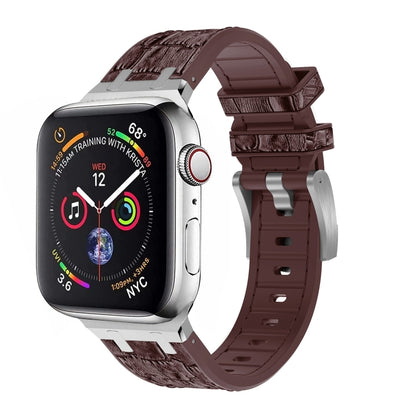 For Apple Watch Series 8 41mm Crocodile Texture Liquid Silicone Watch Band(Silver Dark Brown) - Watch Bands by PMC Jewellery | Online Shopping South Africa | PMC Jewellery