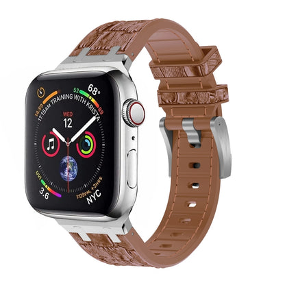 For Apple Watch SE 2022 44mm Crocodile Texture Liquid Silicone Watch Band(Silver Yellow Brown) - Watch Bands by PMC Jewellery | Online Shopping South Africa | PMC Jewellery