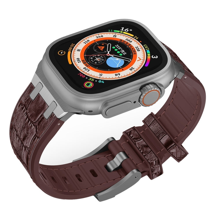 For Apple Watch SE 2022 44mm Crocodile Texture Liquid Silicone Watch Band(Silver Dark Brown) - Watch Bands by PMC TechLife | Online Shopping South Africa | PMC TechLife