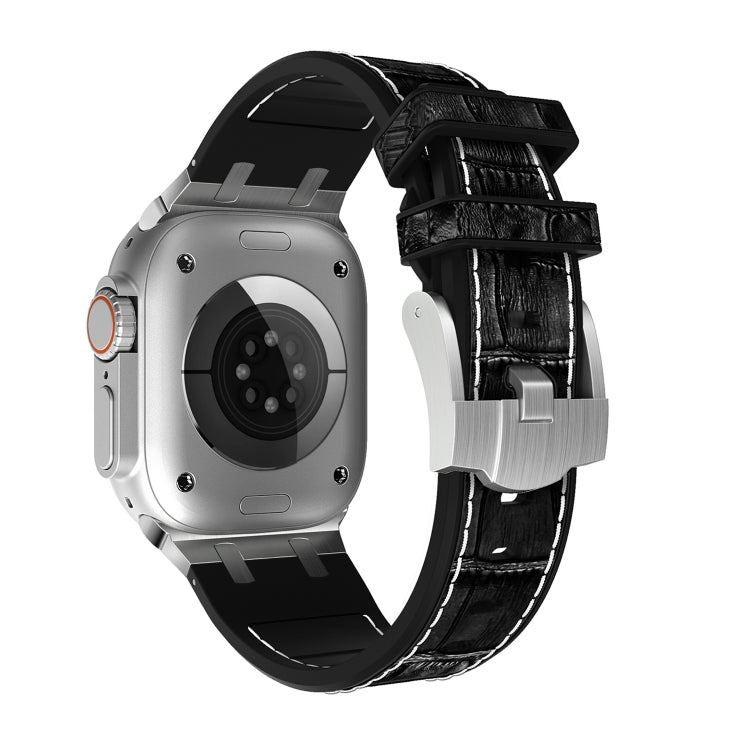 For Apple Watch Series 7 45mm Crocodile Texture Liquid Silicone Watch Band(Silver White Black) - Watch Bands by PMC TechLife | Online Shopping South Africa | PMC TechLife