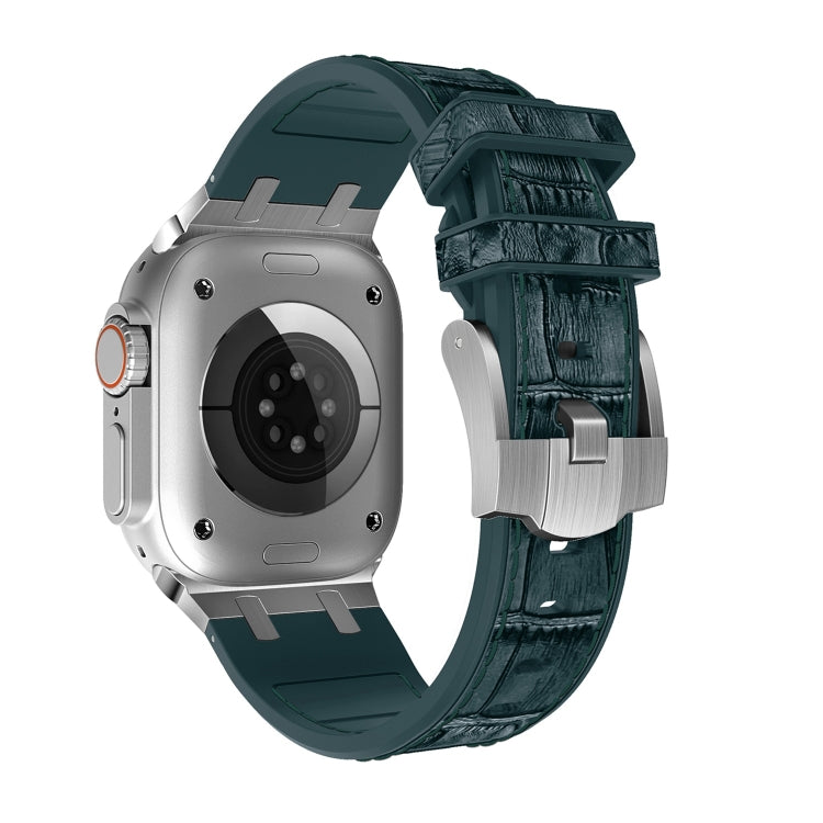 For Apple Watch Series 4 44mm Crocodile Texture Liquid Silicone Watch Band(Silver Deep Green) - Watch Bands by PMC TechLife | Online Shopping South Africa | PMC TechLife