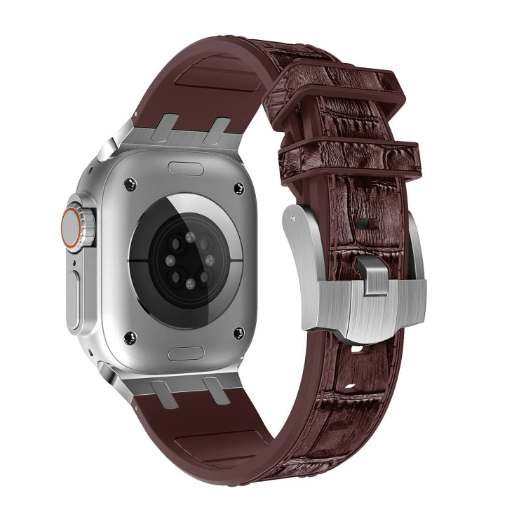 For Apple Watch Series 3 38mm Crocodile Texture Liquid Silicone Watch Band(Silver Dark Brown) - Watch Bands by PMC TechLife | Online Shopping South Africa | PMC TechLife