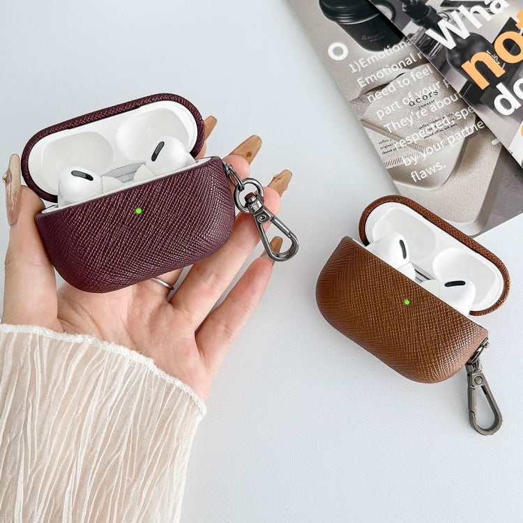 For AirPods Pro 2 Cross Texture PU Leather Bluetooth Earphone Protective Case(Brown) - For AirPods Pro 2 by PMC Jewellery | Online Shopping South Africa | PMC Jewellery | Buy Now Pay Later Mobicred