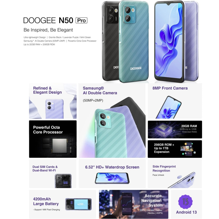 [HK Warehouse] DOOGEE N50 Pro, 8GB+256GB, Side Fingerprint, 6.52 inch Android 13 Spreadtrum T606 Octa Core 1.6GHz, Network: 4G, OTG(Green) - DOOGEE by DOOGEE | Online Shopping South Africa | PMC Jewellery