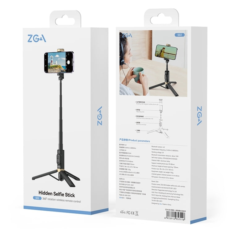 ZGA S02 Bluetooth Remote Control Hidden Tripod Selfie Stick(Black) - Selfie Sticks by ZGA | Online Shopping South Africa | PMC Jewellery | Buy Now Pay Later Mobicred