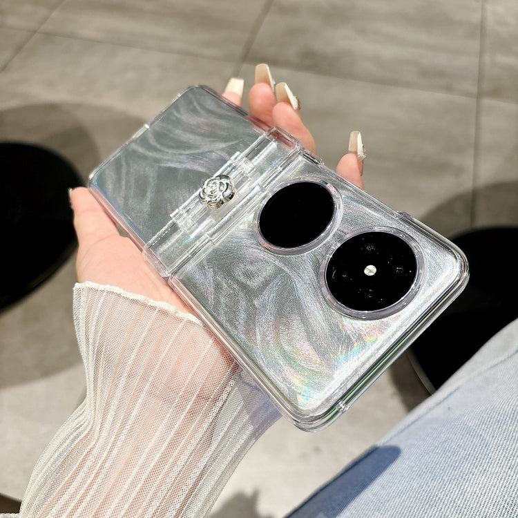 For Huawei P50 Pocket Skin Feel PC Feather Gauze Glitter Paper Camellia Phone Case with Bracelet(Transparent) - Huawei Cases by PMC TechLife | Online Shopping South Africa | PMC TechLife | Buy Now Pay Later Mobicred