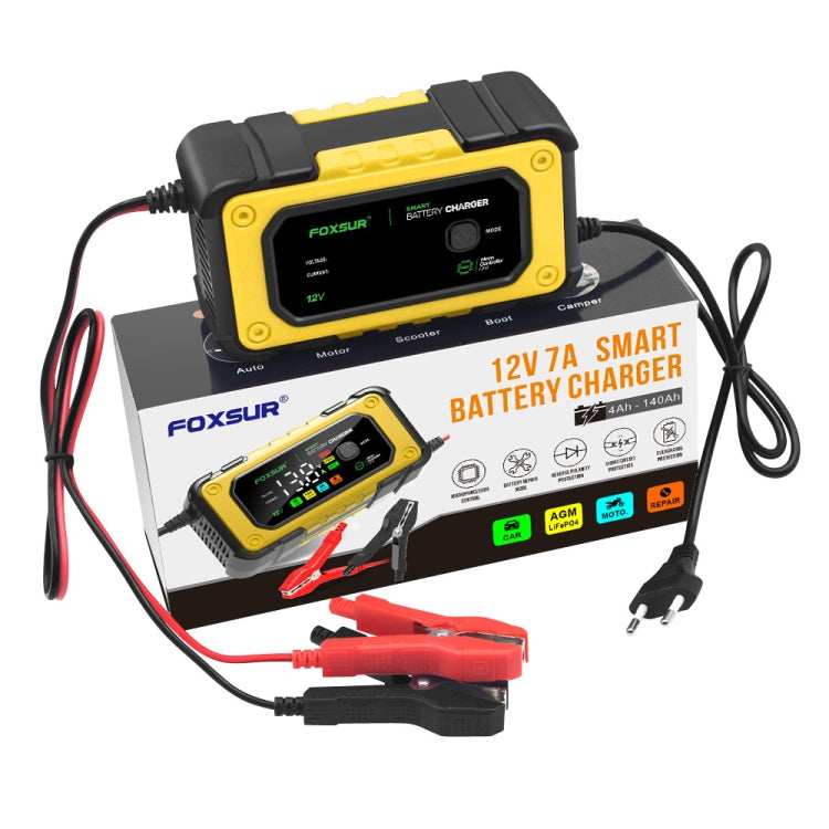 FOXSUR 7A 12V Car / Motorcycle Smart Battery Charger, Plug Type:UK Plug(Yellow) - Battery Charger by FOXSUR | Online Shopping South Africa | PMC Jewellery | Buy Now Pay Later Mobicred