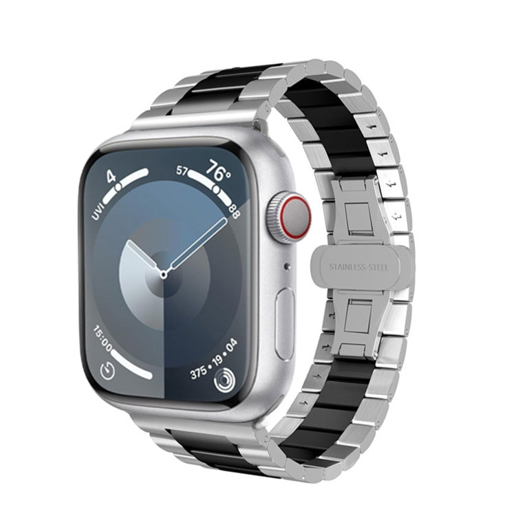 For Apple Watch Series 7 45mm Three-bead Butterfly Buckle Metal Watch Band(Silver Black) - free shipping - PMC TechLife - Order now!