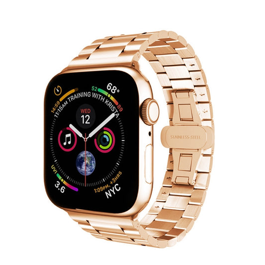 For Apple Watch Series 3 42mm Three-bead Butterfly Buckle Metal Watch Band(Gold) - Watch Bands by PMC Jewellery | Online Shopping South Africa | PMC Jewellery