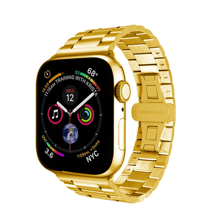 For Apple Watch 42mm Three-bead Butterfly Buckle Metal Watch Band(Gold) - Watch Bands by PMC Jewellery | Online Shopping South Africa | PMC Jewellery