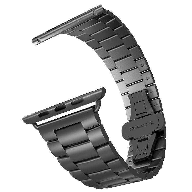 For Apple Watch SE 2022 44mm Three-bead Butterfly Buckle Metal Watch Band(Silver Black) - Watch Bands by PMC Jewellery | Online Shopping South Africa | PMC Jewellery