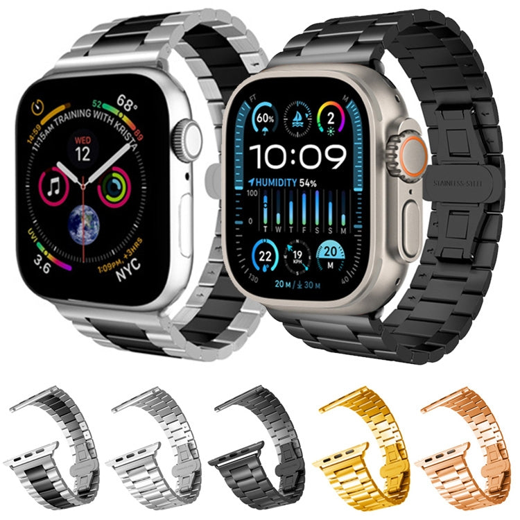 For Apple Watch Ultra 2 49mm Three-bead Butterfly Buckle Metal Watch Band(Black) - Watch Bands by PMC TechLife | Online Shopping South Africa | PMC TechLife