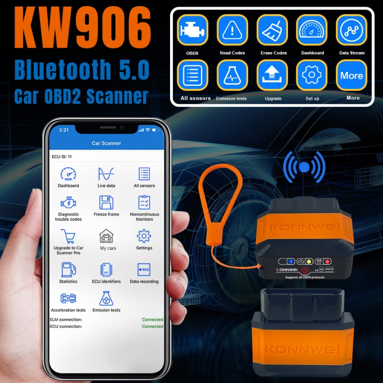 KONNWEI KW906 Bluetooth 5.0 Car OBD2 Scanner Support Android & iOS(Black Red) - free shipping - PMC TechLife - Order now!