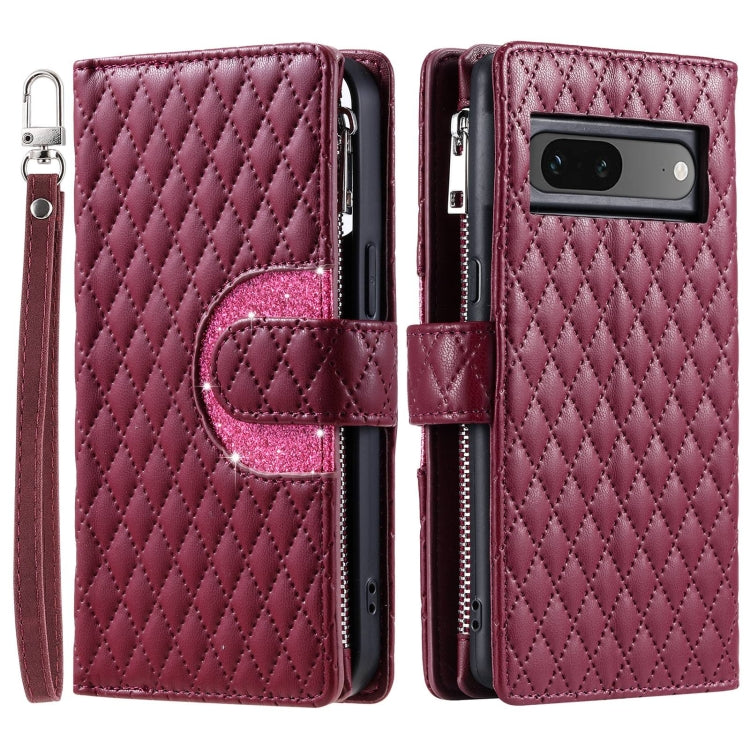 For Google Pixel 7 5G Glitter Lattice Zipper Wallet Leather Phone Case(Wine Red) - Google Cases by PMC Jewellery | Online Shopping South Africa | PMC Jewellery | Buy Now Pay Later Mobicred