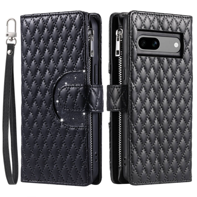 For Google Pixel 7a Glitter Lattice Zipper Wallet Leather Phone Case(Black) - Google Cases by PMC Jewellery | Online Shopping South Africa | PMC Jewellery | Buy Now Pay Later Mobicred