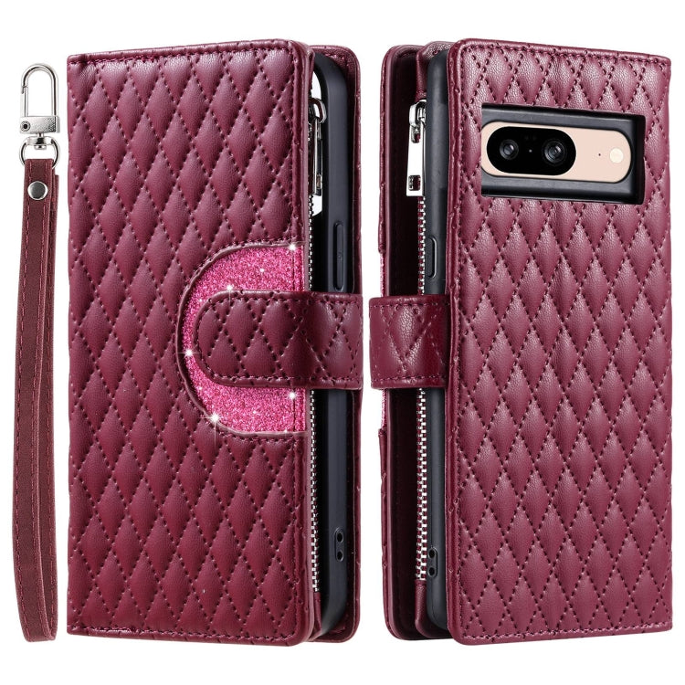 For Google Pixel 8 Glitter Lattice Zipper Wallet Leather Phone Case(Wine Red) - Google Cases by PMC Jewellery | Online Shopping South Africa | PMC Jewellery | Buy Now Pay Later Mobicred