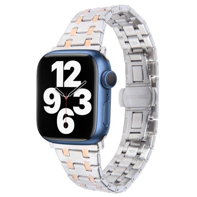 For Apple Watch Series 7 45mm Double T Stainless Steel Watch Band(Silver Rose Gold) - Watch Bands by PMC TechLife | Online Shopping South Africa | PMC TechLife