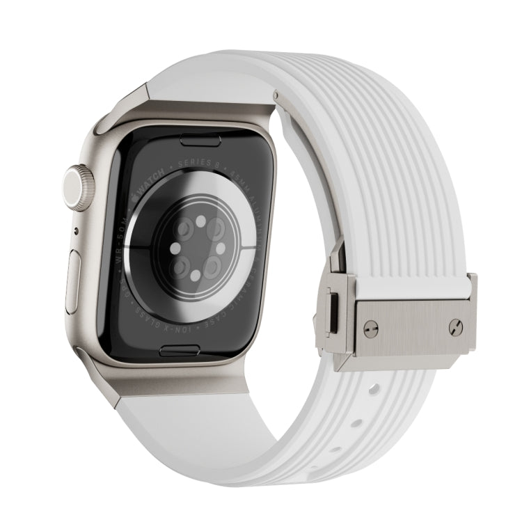 For Apple Watch SE 44mm Vertical Texture Titanium Buckle Elastic Silicone Watch Band(White) - free shipping - PMC TechLife - Order now!