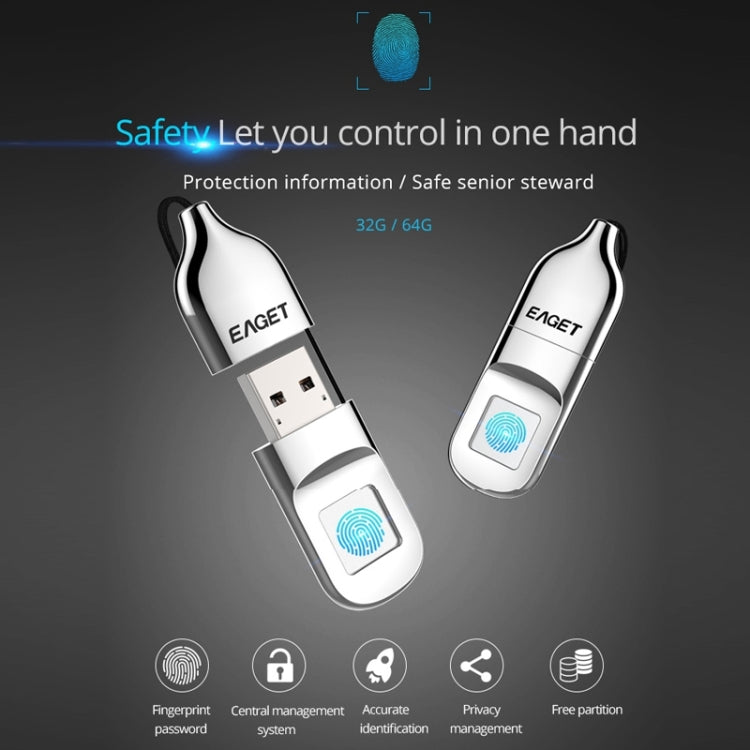 EAGET FU5 64G USB 2.0 Interface Metal Flash U Disk with Fingerprint Identification - free shipping - PMC Jewellery - Order now!