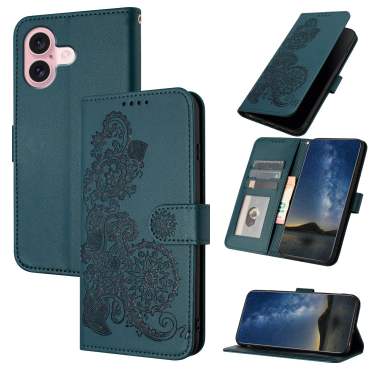 For iPhone 16 Datura Flower Embossed Flip Leather Phone Case(Dark Green) - iPhone 16 Cases by PMC Jewellery | Online Shopping South Africa | PMC Jewellery | Buy Now Pay Later Mobicred