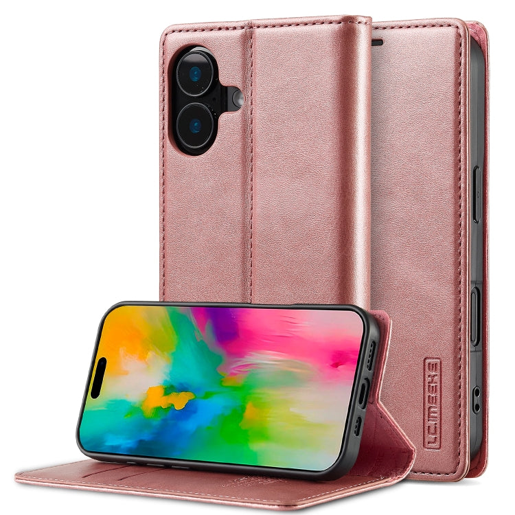 For iPhone 16 LC.IMEEKE Strong Magnetism Microfiber Leather Phone Case(Rose Gold) - iPhone 16 Cases by LC.IMEEKE | Online Shopping South Africa | PMC Jewellery | Buy Now Pay Later Mobicred