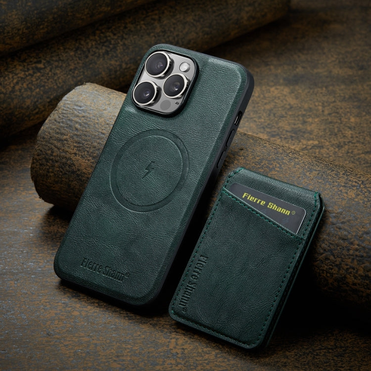 For iPhone 15 Pro Max Fierre Shann Cowhide Vertical Flip Magnetic Card Holder Phone Case(Green) - iPhone 15 Pro Max Cases by FIERRE SHANN | Online Shopping South Africa | PMC Jewellery | Buy Now Pay Later Mobicred