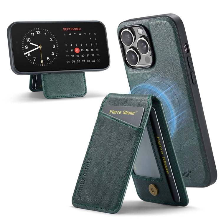 For iPhone 15 Pro Max Fierre Shann Cowhide Vertical Flip Magnetic Card Holder Phone Case(Green) - iPhone 15 Pro Max Cases by FIERRE SHANN | Online Shopping South Africa | PMC Jewellery | Buy Now Pay Later Mobicred