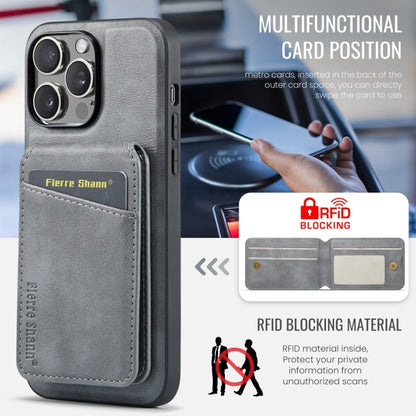 For iPhone 16 Pro Max Fierre Shann Oil Wax Cow Leather Magnetic Card Holder Phone Case(Grey) - iPhone 16 Pro Max Cases by FIERRE SHANN | Online Shopping South Africa | PMC Jewellery | Buy Now Pay Later Mobicred