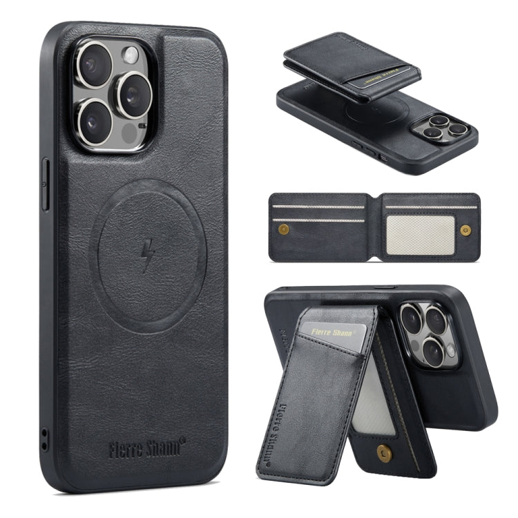For iPhone 16 Pro Fierre Shann Cowhide Vertical Flip Magnetic Card Holder Phone Case(Black) - free shipping - PMC Jewellery - Order now!