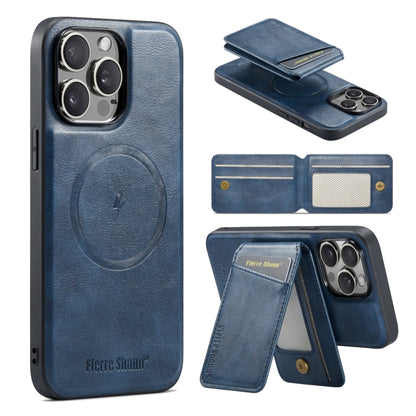 For iPhone 16 Pro Fierre Shann Oil Wax Cow Leather Magnetic Card Holder Phone Case(Blue) - iPhone 16 Pro Cases by FIERRE SHANN | Online Shopping South Africa | PMC Jewellery | Buy Now Pay Later Mobicred