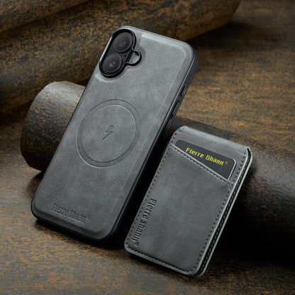 For iPhone 16 Plus Fierre Shann Oil Wax Cow Leather Magnetic Card Holder Phone Case(Grey) - iPhone 16 Plus Cases by FIERRE SHANN | Online Shopping South Africa | PMC Jewellery | Buy Now Pay Later Mobicred