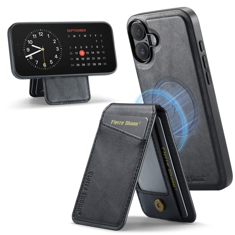 For iPhone 16 Fierre Shann Cowhide Vertical Flip Magnetic Card Holder Phone Case(Black) - iPhone 16 Cases by FIERRE SHANN | Online Shopping South Africa | PMC Jewellery | Buy Now Pay Later Mobicred