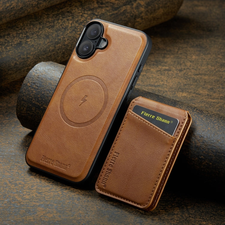 For iPhone 16 Fierre Shann Cowhide Vertical Flip Magnetic Card Holder Phone Case(Brown) - free shipping - PMC Jewellery - Order now!