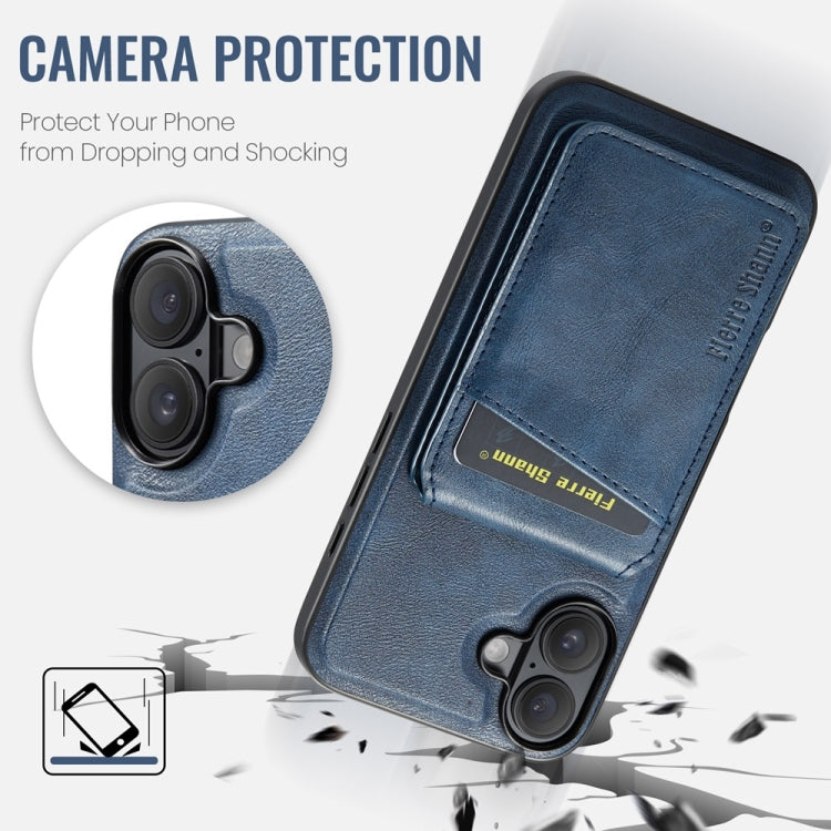 For iPhone 16 Fierre Shann Cowhide Vertical Flip Magnetic Card Holder Phone Case(Blue) - iPhone 16 Cases by FIERRE SHANN | Online Shopping South Africa | PMC Jewellery | Buy Now Pay Later Mobicred
