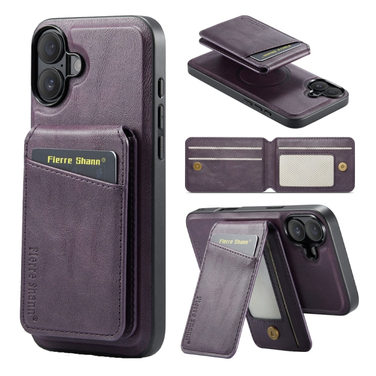 For iPhone 16 Fierre Shann Cowhide Vertical Flip Magnetic Card Holder Phone Case(Purple) - free shipping - PMC Jewellery - Order now!
