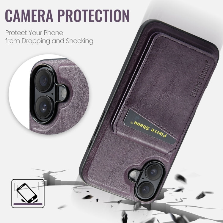 For iPhone 16 Fierre Shann Cowhide Vertical Flip Magnetic Card Holder Phone Case(Purple) - free shipping - PMC Jewellery - Order now!