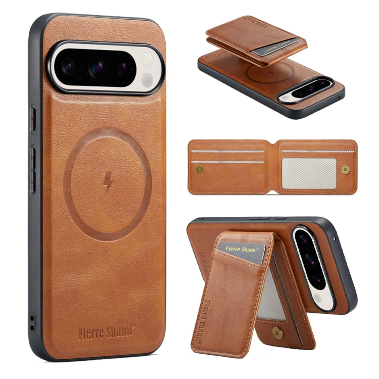 For Google Pixel 9 Pro Fierre Shann Cowhide Vertical Flip Magnetic Card Holder Phone Case(Brown) - Google Cases by FIERRE SHANN | Online Shopping South Africa | PMC TechLife | Buy Now Pay Later Mobicred