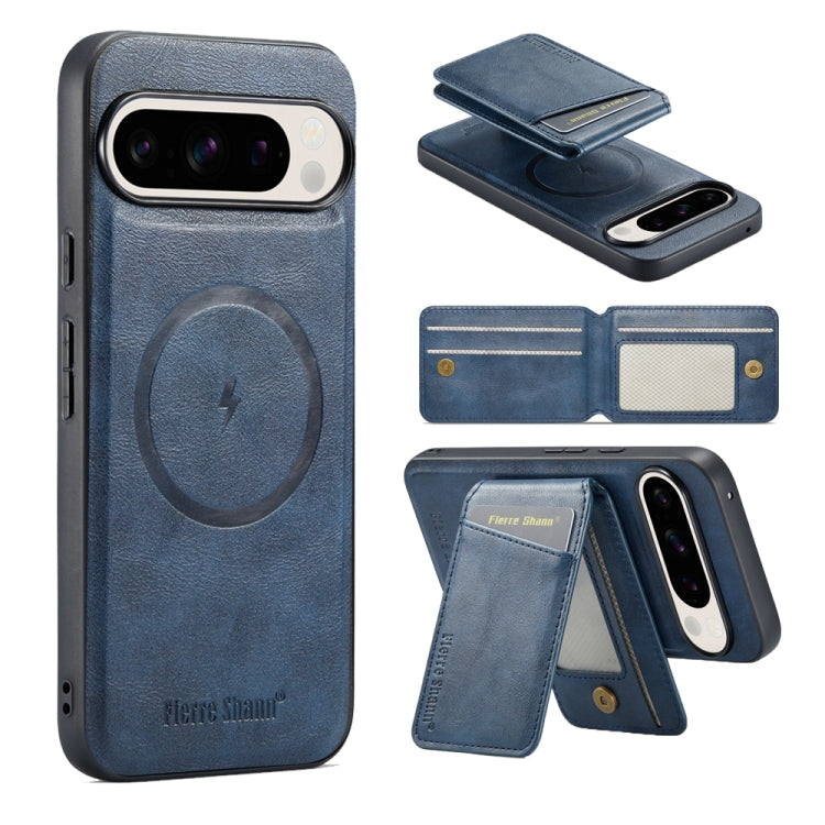 For Google Pixel 9 Pro Fierre Shann Cowhide Vertical Flip Magnetic Card Holder Phone Case(Blue) - free shipping - PMC TechLife - Order now!