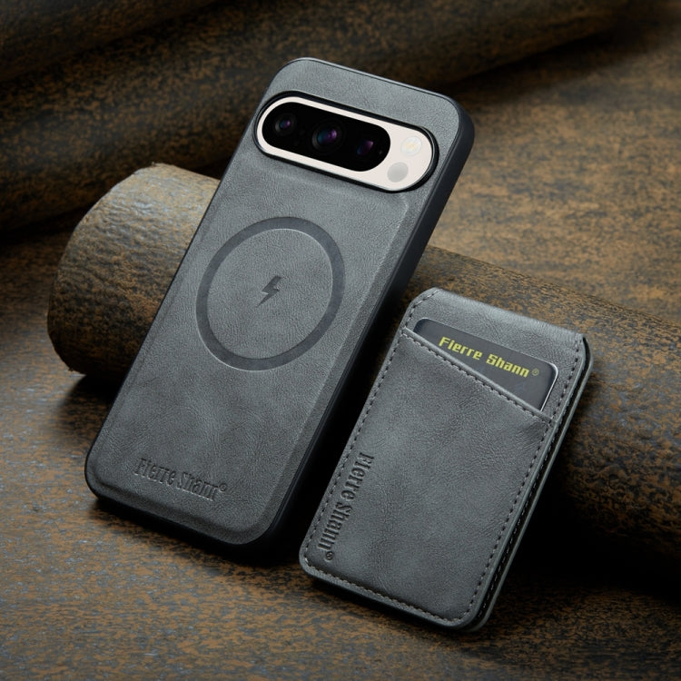 For Google Pixel 9 Pro Fierre Shann Cowhide Vertical Flip Magnetic Card Holder Phone Case(Grey) - Google Cases by FIERRE SHANN | Online Shopping South Africa | PMC TechLife | Buy Now Pay Later Mobicred
