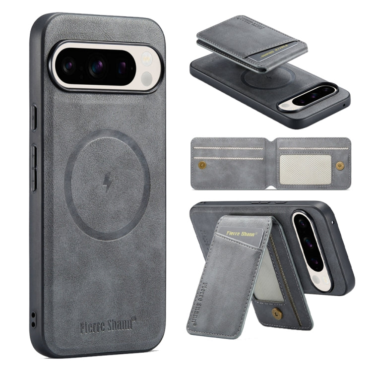 For Google Pixel 9 Fierre Shann Cowhide Vertical Flip Magnetic Card Holder Phone Case(Grey) - Google Cases by FIERRE SHANN | Online Shopping South Africa | PMC TechLife | Buy Now Pay Later Mobicred