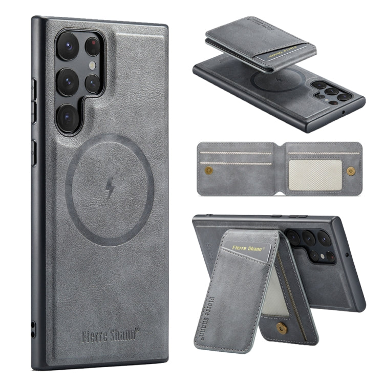 For Samsung Galaxy S24 Ultra 5G Fierre Shann Cowhide Vertical Flip Magnetic Card Holder Phone Case(Grey) - free shipping - PMC Jewellery - Order now!