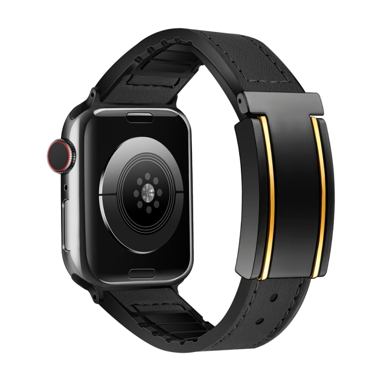 For Apple Watch Series 8 41mm Trapezoid Fold Magnetic Buckle Silicone PU Watch Band(Black Gold) - free shipping - PMC TechLife - Order now!