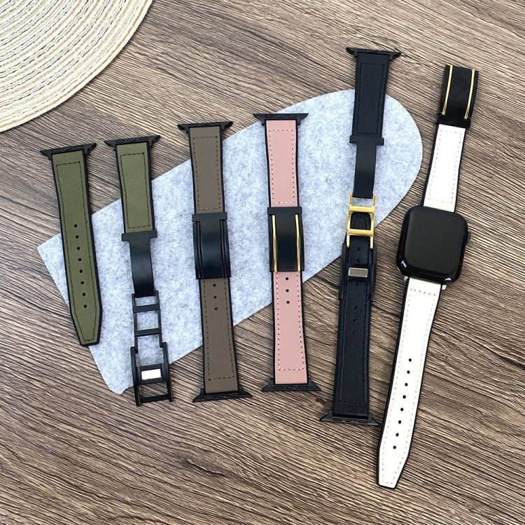 For Apple Watch Series 7 45mm Trapezoid Fold Magnetic Buckle Silicone PU Watch Band(Black Gold) - free shipping - PMC TechLife - Order now!