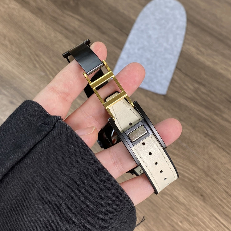 For Apple Watch Series 8 41mm Trapezoid Fold Magnetic Buckle Silicone PU Watch Band(Black Gold) - free shipping - PMC TechLife - Order now!