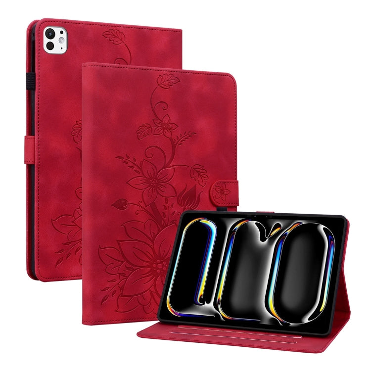 For iPad Pro 11 2024 Lily Embossed Leather Smart Tablet Case(Red) - iPad Pro 11 2024 Cases by PMC Jewellery | Online Shopping South Africa | PMC Jewellery | Buy Now Pay Later Mobicred