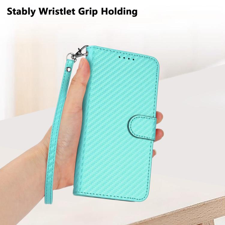For iPhone 17 Pro Max YX0070 Carbon Fiber Buckle Leather Phone Case with Lanyard(Light Blue) - free shipping - PMc TechLife - Order now!