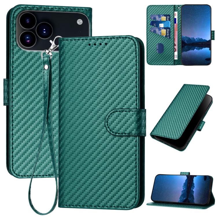 For iPhone 17 Pro Max YX0070 Carbon Fiber Buckle Leather Phone Case with Lanyard(Dark Green) - free shipping - PMc TechLife - Order now!