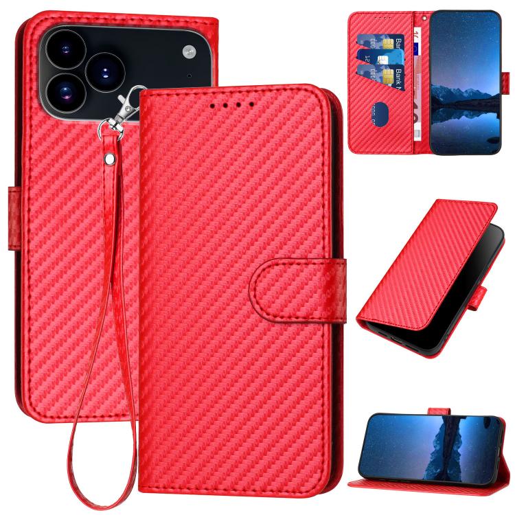 For iPhone 17 Pro YX0070 Carbon Fiber Buckle Leather Phone Case with Lanyard(Red) - free shipping - PMc TechLife - Order now!