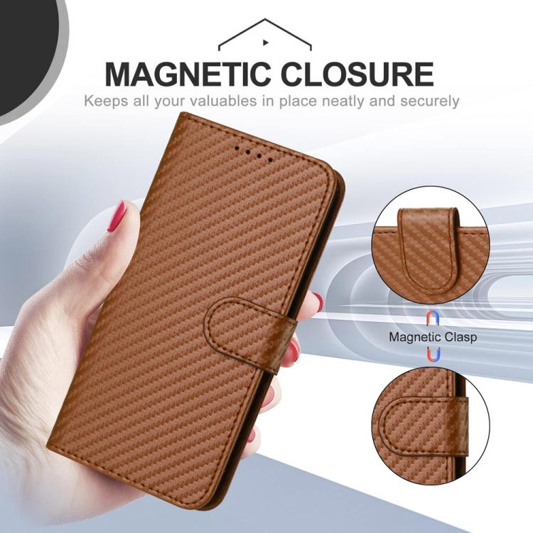 For iPhone 17 Pro YX0070 Carbon Fiber Buckle Leather Phone Case with Lanyard(Coffee) - free shipping - PMc TechLife - Order now!