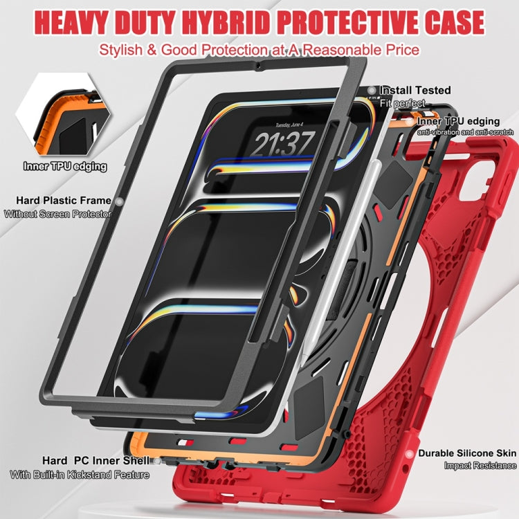 For iPad Pro 13 2024 Rotatable Holder Silicone Hybrid PC Tablet Case with Shoulder Strap(Red) - free shipping - PMC TechLife - Order now!